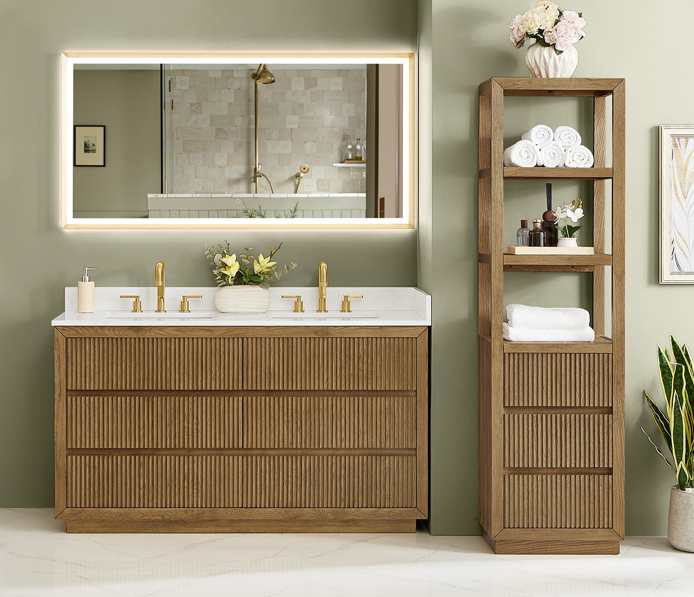 Issac Edwards Collection 60" Double Bathroom Vanity in Weathered Brown with Grain White Stone Countertop, Mirror Option and Linen Cabinet Option