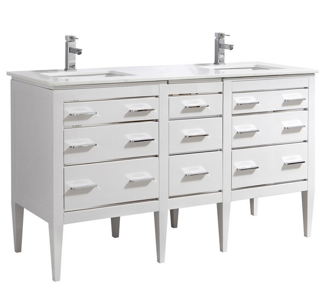 Modern Lux 60'' Double Sink High Gloss White Vanity W/ Quartz Counter Top