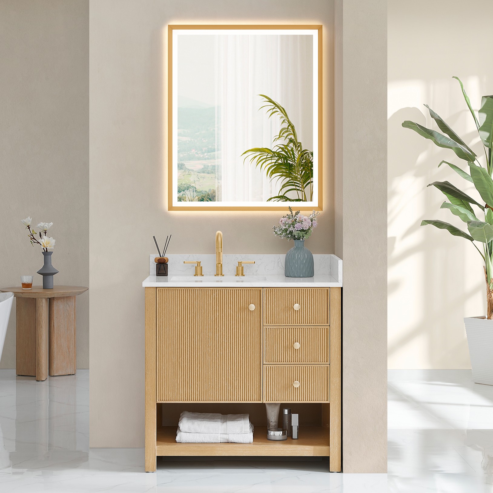 Issac Edwards Collection 36" Single Bathroom Vanity in White Oak with Grain White Stone Countertop and Mirror Option