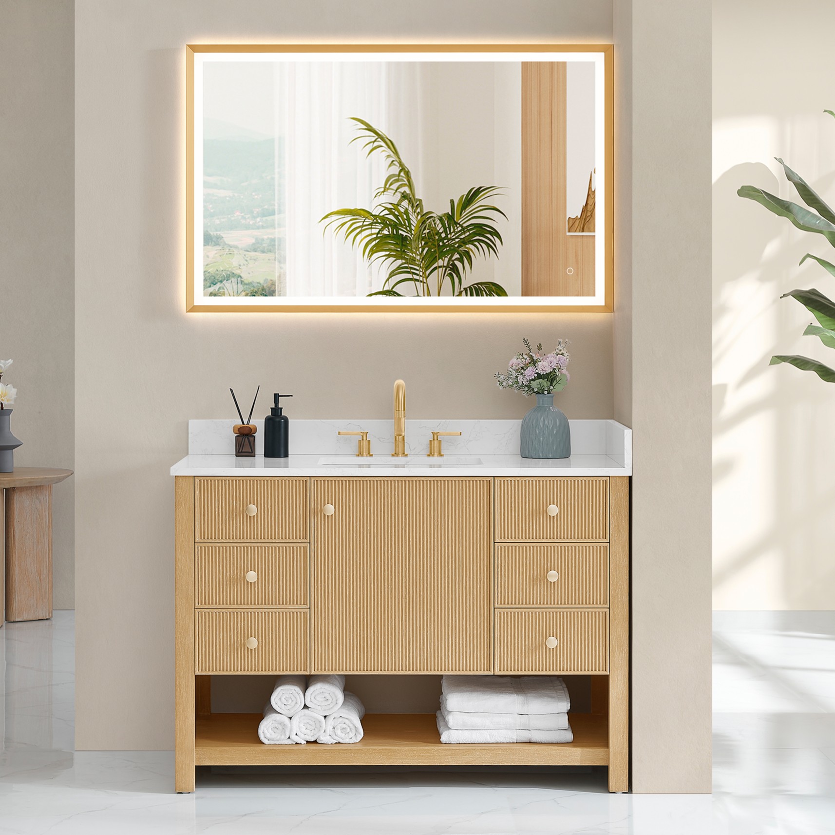 Issac Edwards Collection 48" Single Bathroom Vanity in White Oak with Grain White Stone Countertop and Mirror Option