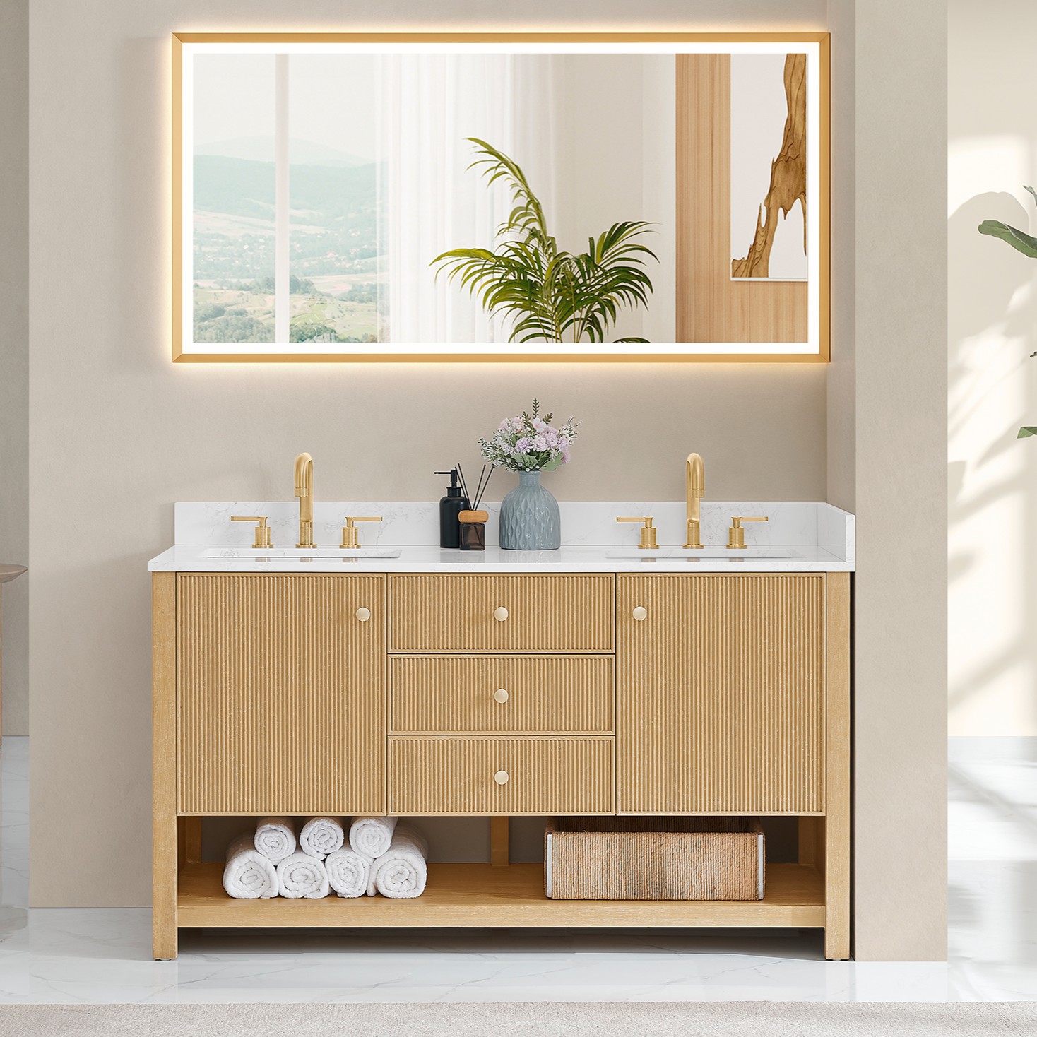 Issac Edwards Collection 60" Double Bathroom Vanity in White Oak with Grain White Stone Countertop and Mirror Option