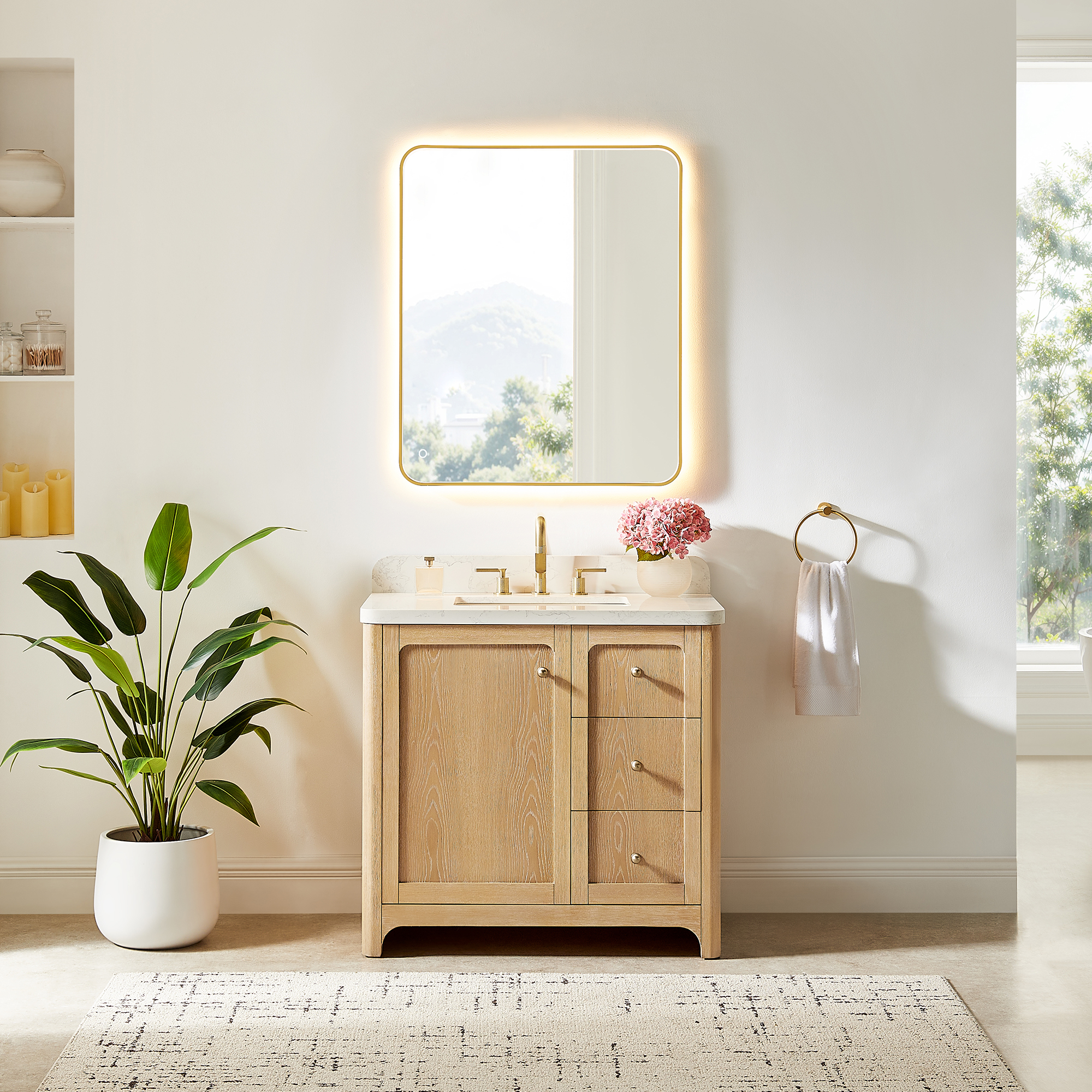 Issac Edwards Collection 36" Single Bathroom Vanity in Brushed Oak with Grain White Stone Countertop with Mirror Option