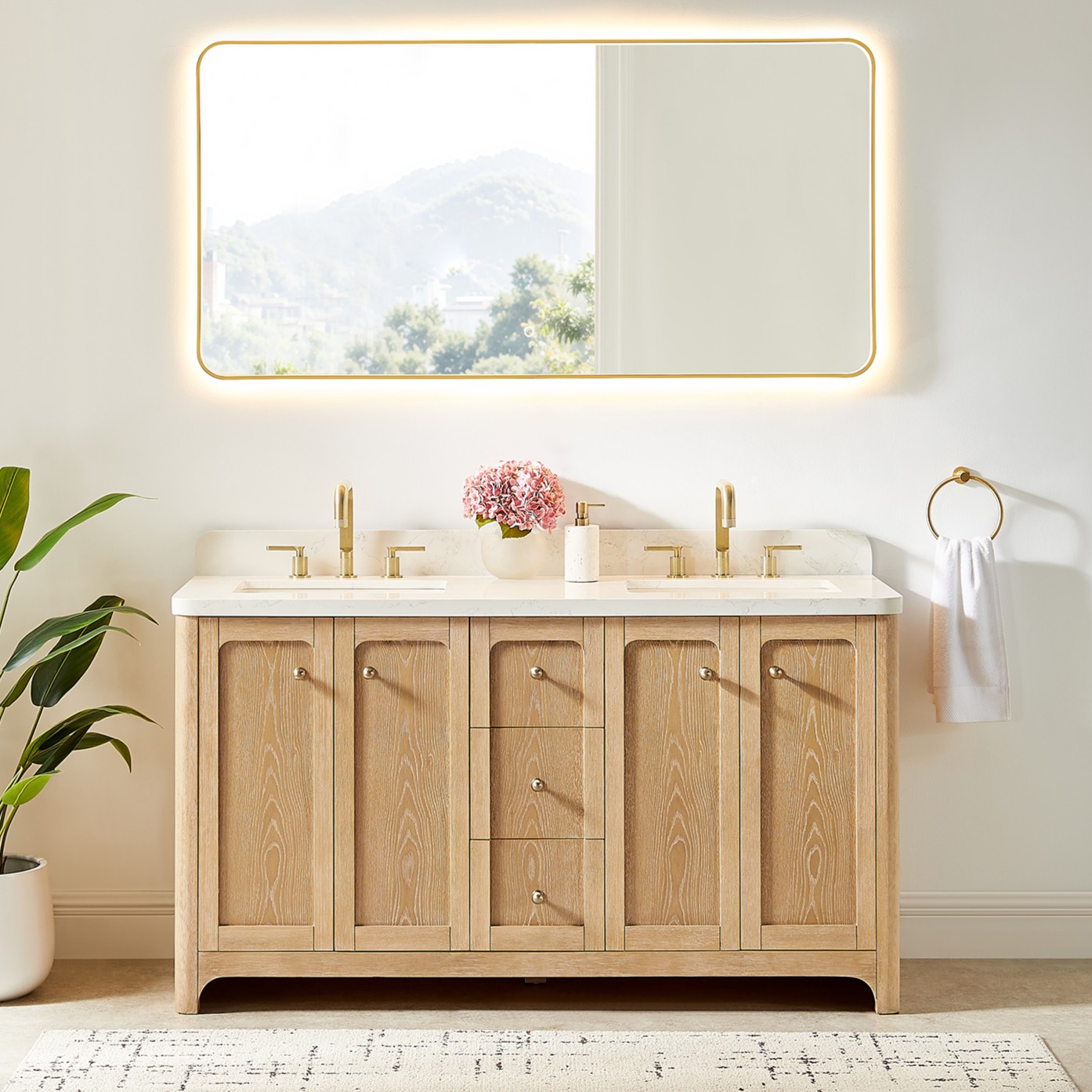 Issac Edwards Collection 60" Single Bathroom Vanity in Brushed Oak with Grain White Stone Countertop with Mirror Option
