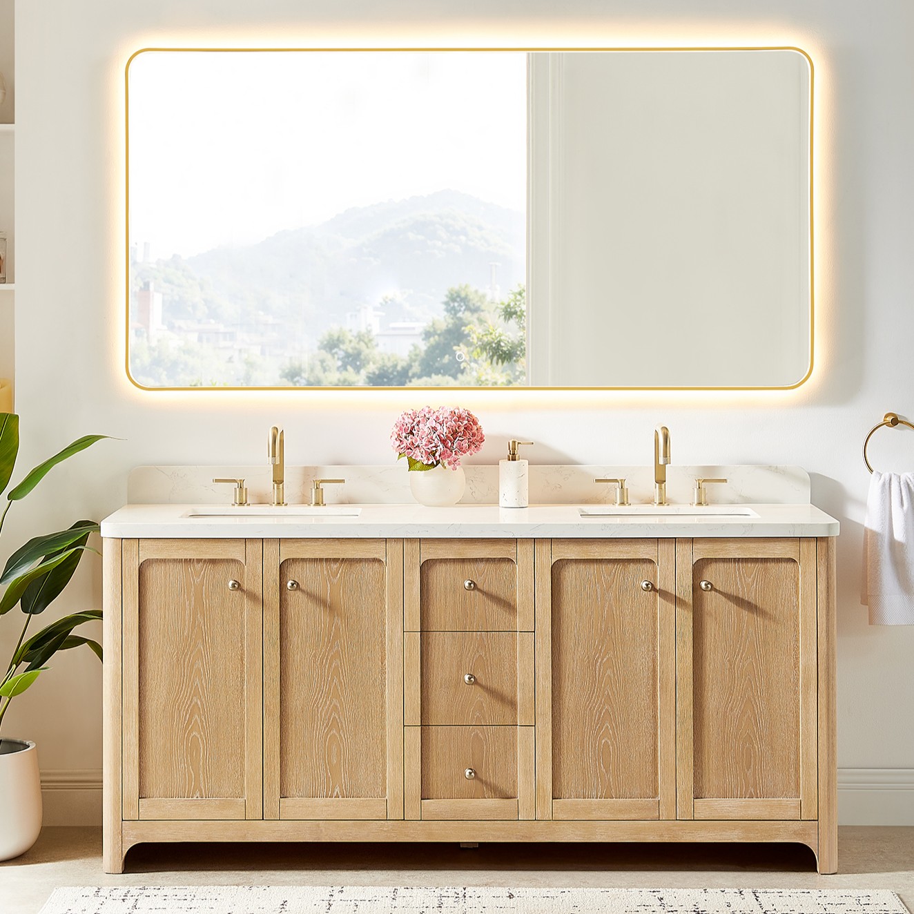 Issac Edwards Collection 72" Single Bathroom Vanity in Brushed Oak with Grain White Stone Countertop with Mirror Option