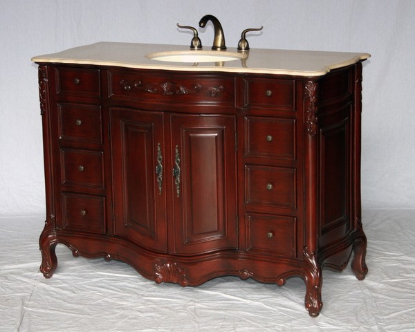 48" Adelina Antique Style Single Sink Bathroom Vanity in Cherry Finish with Beige Stone Countertop and Oval Bone Porcelain Sink