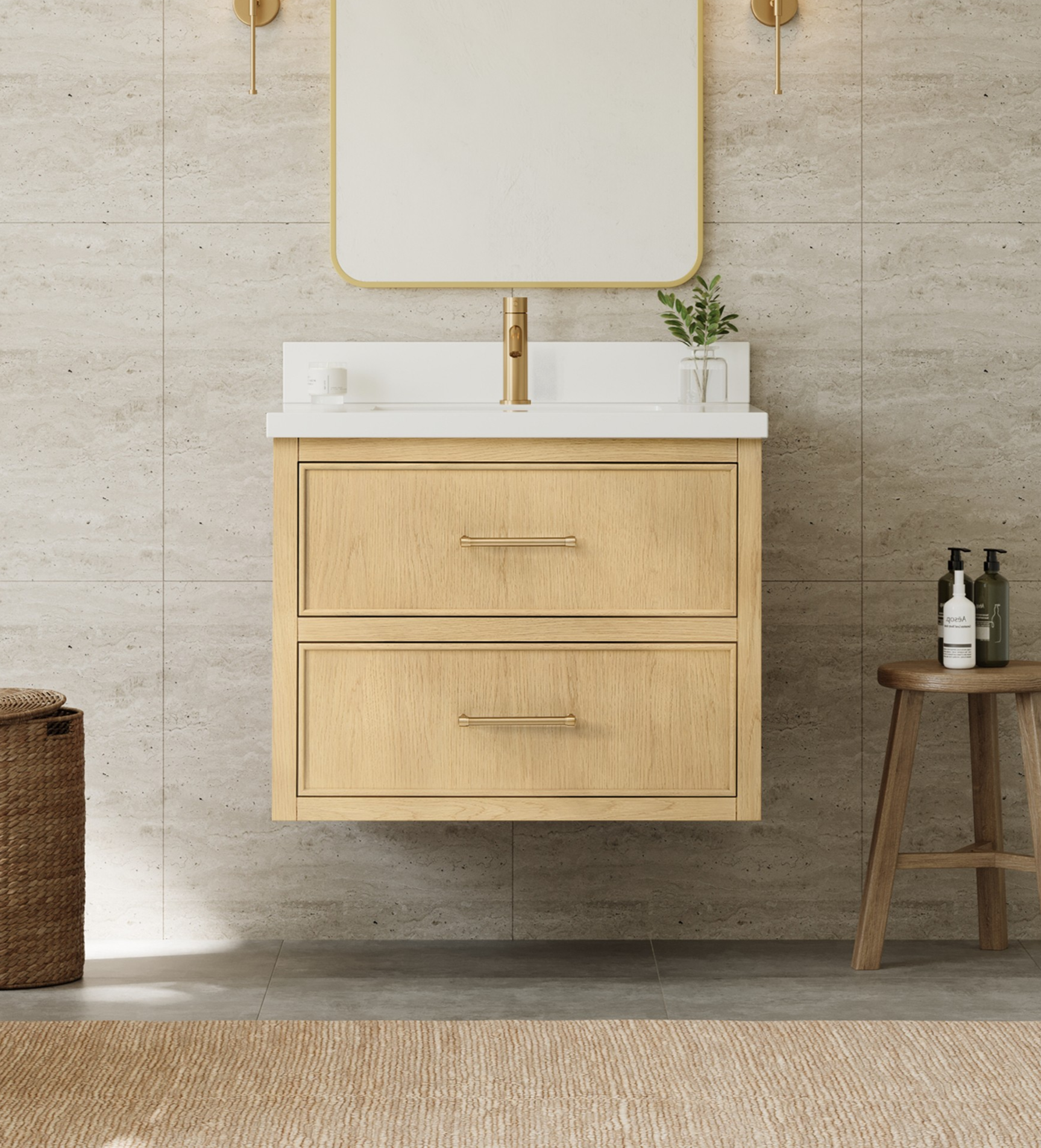 30" Single Wall Mounted Bathroom Vanity in Scandinavian Oak, Base only, Satin Bronze Trim with Countertop Options and Hardware Option