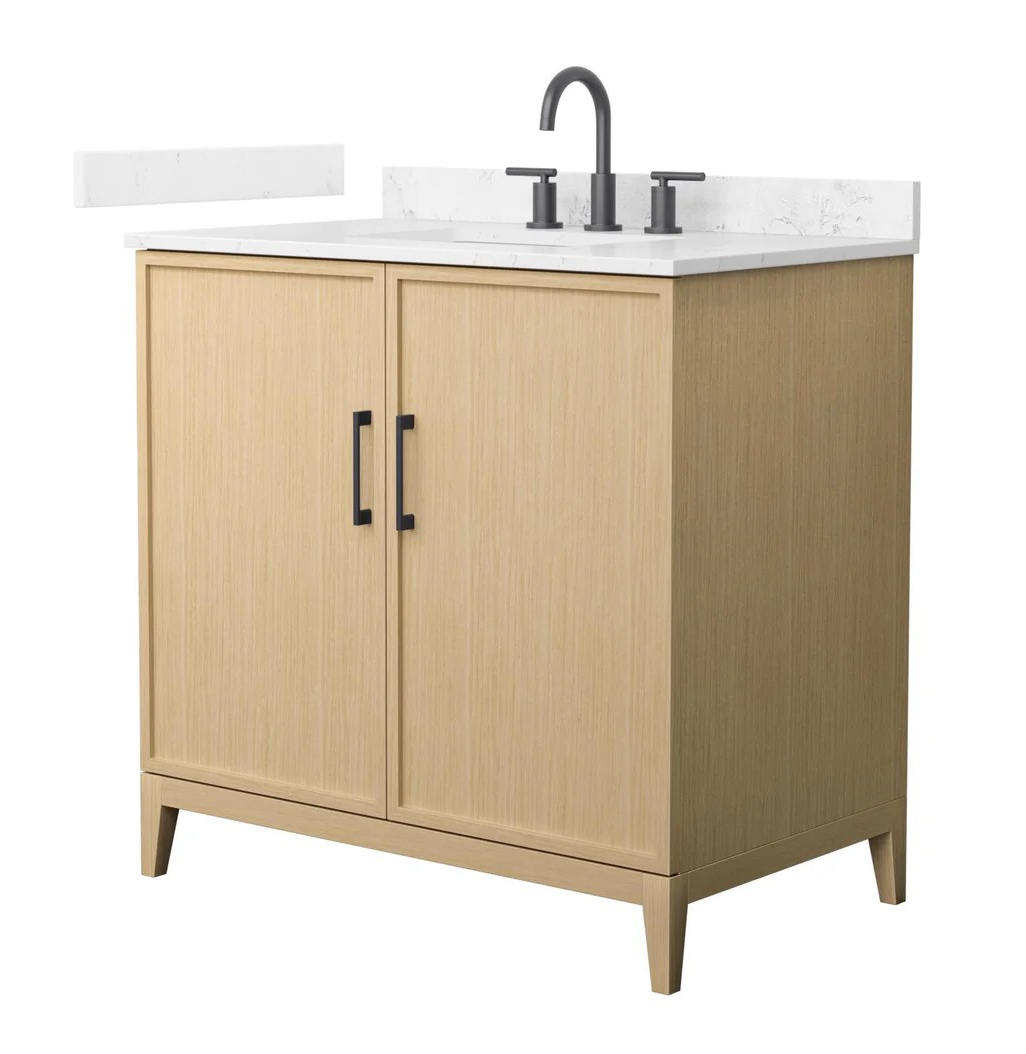 36" Transitional Single Vanity Base in White Oak, 7 Top Options with 2 Hardware Option