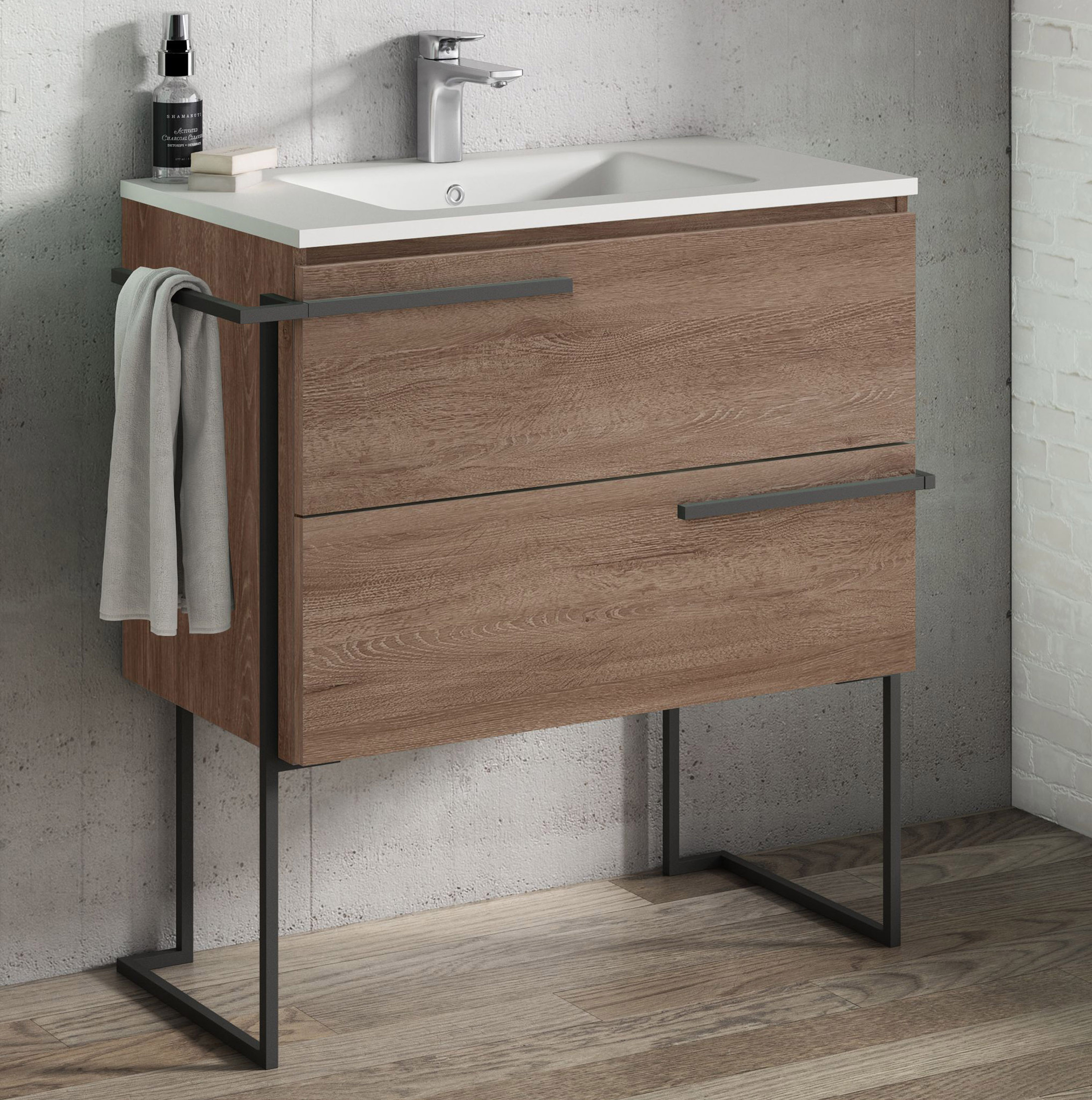 32" Single Sink Vanity 2 Drawer, Ceramic Sink with Metal Legs and Towel Bar with 4 Color Options