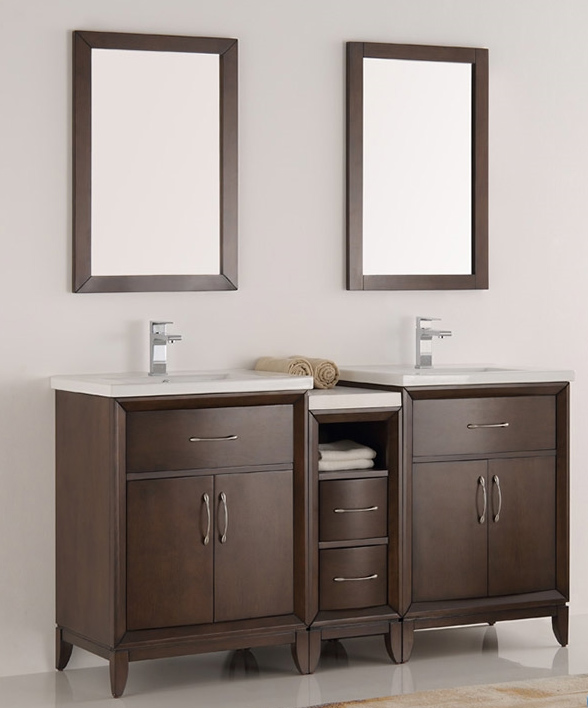 60" Antique Coffee Double Sink Traditional Bathroom Vanity in Faucet Option
