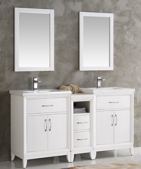 60" White Double Sink Traditional Bathroom Vanity in Faucet Option