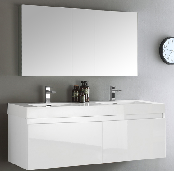 60" White Wall Hung Double Sink Modern Bathroom Vanity with Faucet, Medicine Cabinet, Linen Side Cabinet Option