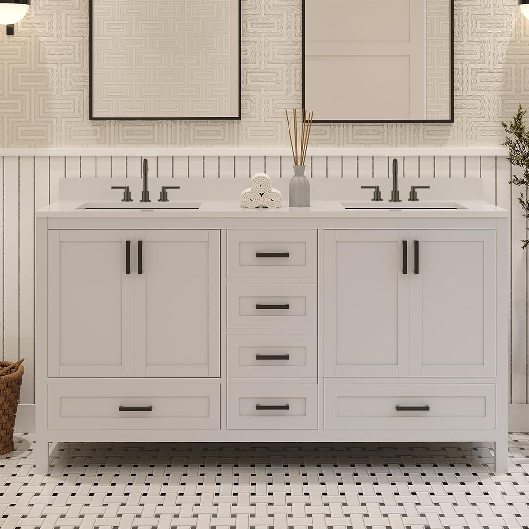 LV 60" Transitional Bath Vanity in White Finish with 3 Hardware Options, Base only, and Top Option