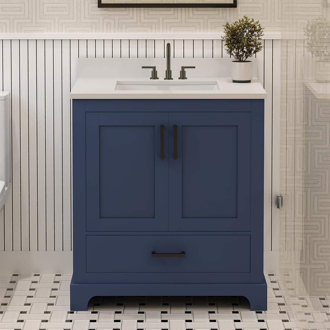 LV 30" Transitional Bath Vanity in Navy Blue with 3 Hardware Options, Base Only, and Top Option