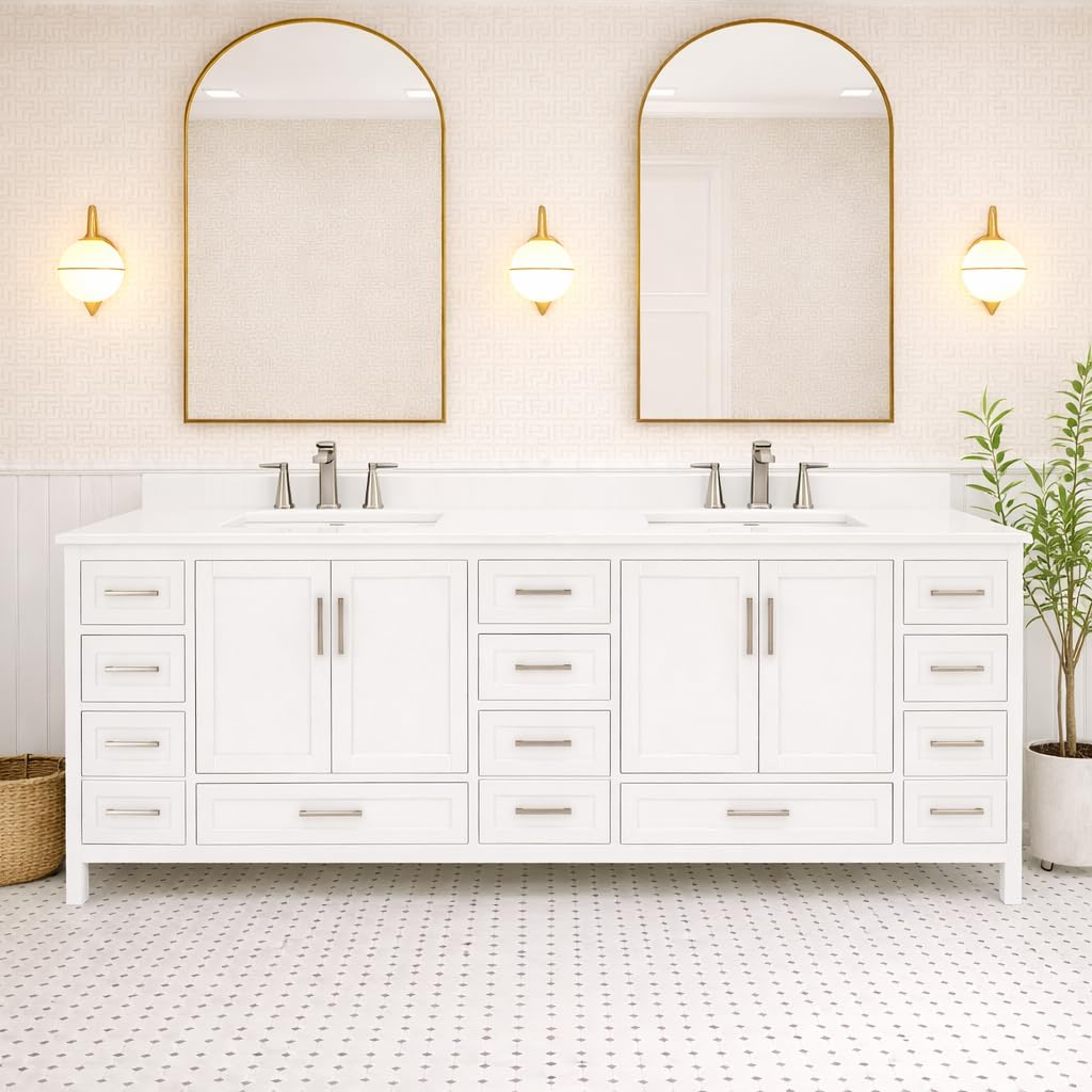LV 84" Transitional Bath Vanity in White Finish with 3 Hardware Options, Base only, and Top Option