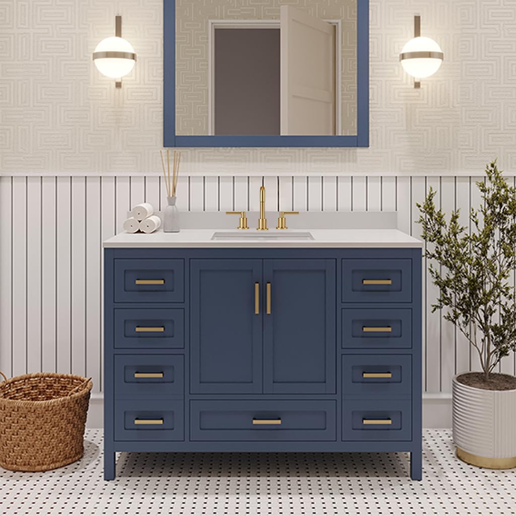LV 42" Transitional Single Bath Vanity in Navy Blue with 3 Hardware Options, Base only, and Top Option