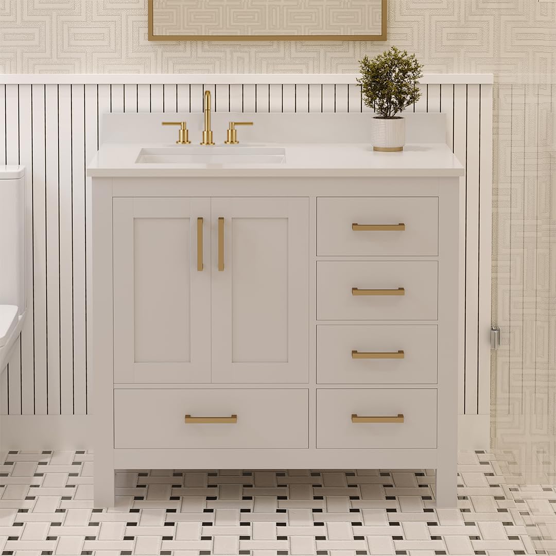 LV 36" Transitional Bath Vanity Left in White with 3 Hardware Options, Base only, and Top Option