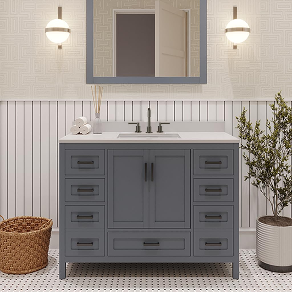 LV 42" Transitional Single Bath Vanity in Charcoal Grey with 3 Hardware Options, Base only, and Top Option