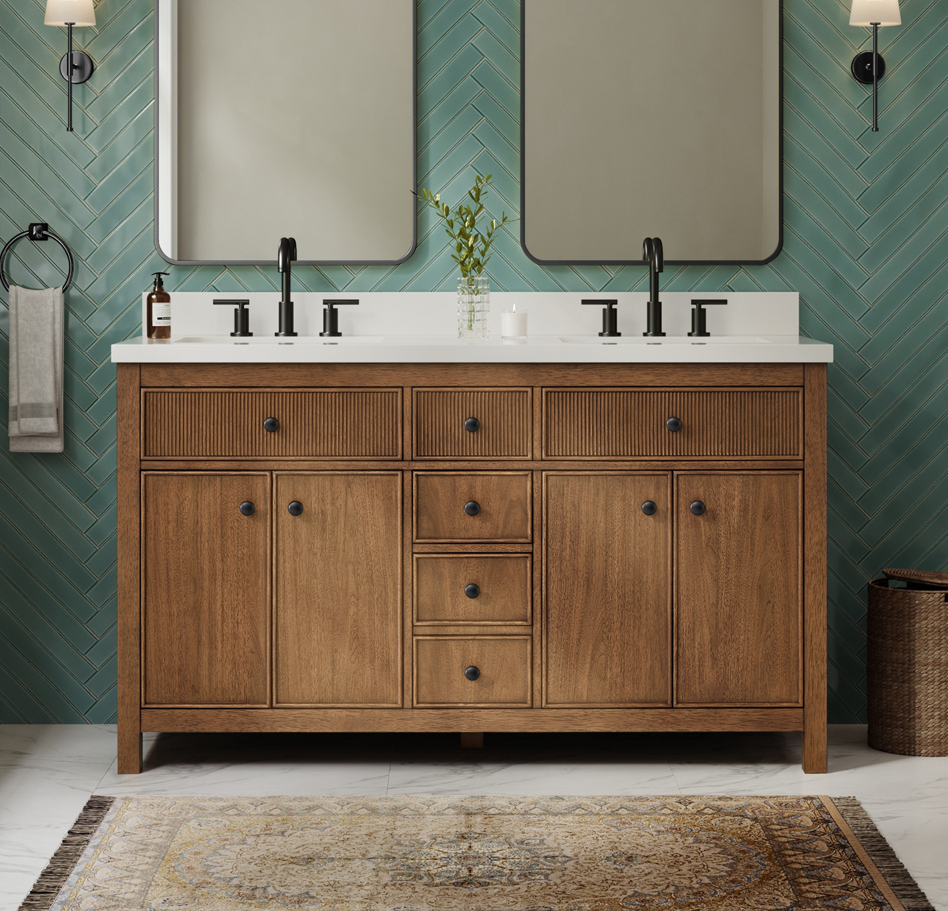 60" Double Bathroom Vanity in Toasted Walnut, White Quartz Countertop, Undermount Square Sinks (3-Hole), with Countertop Options and Hardware Option