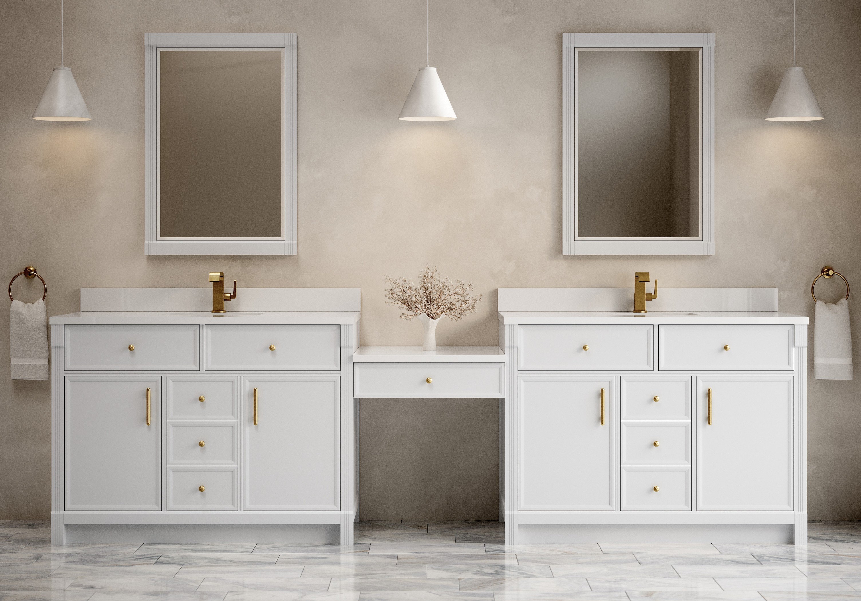James Martin 120" Dual Vanity Set with 24" Make-Up Counter, Bright White with Countertop Options
