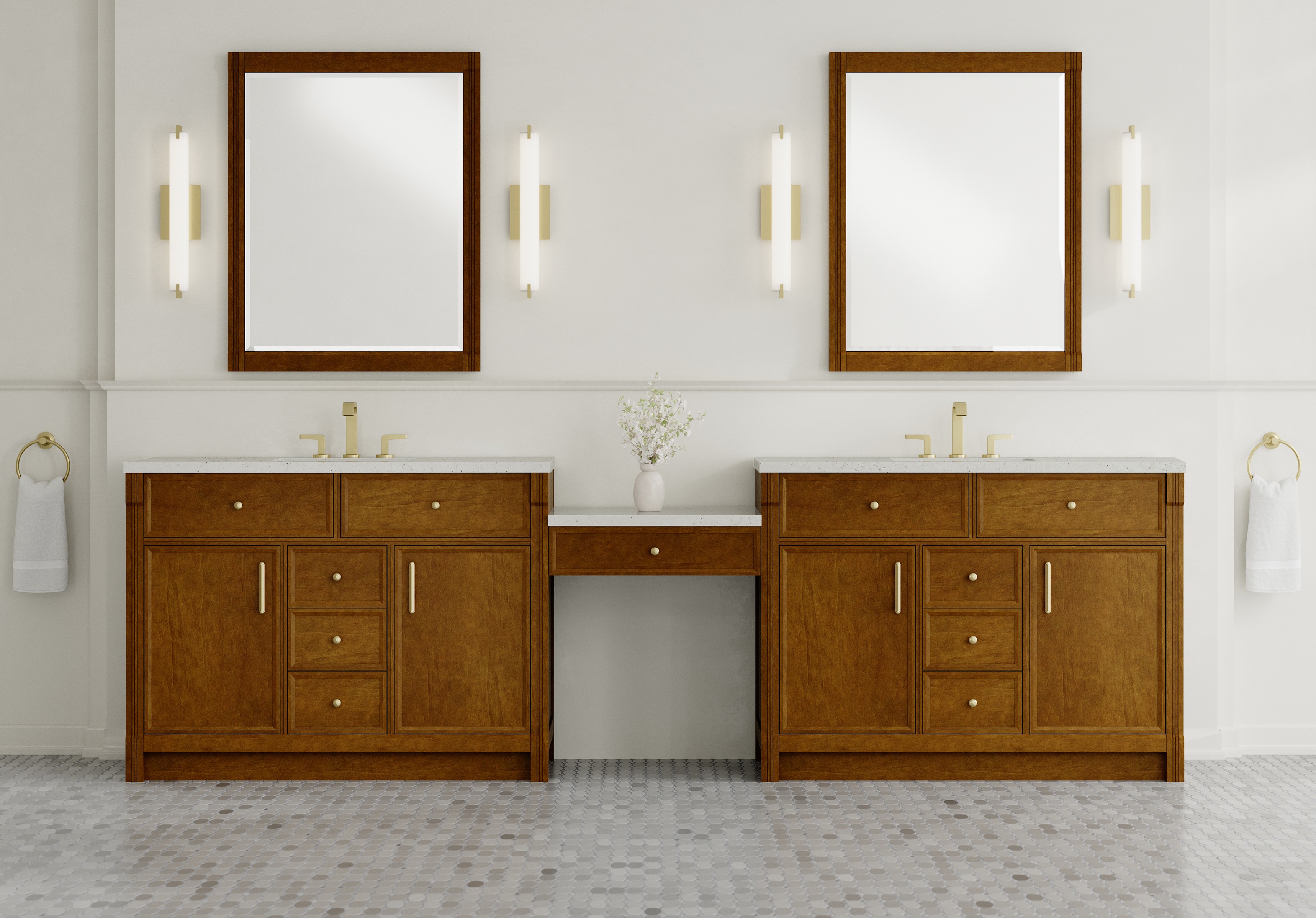 James Martin 120" Dual Vanity Set with 24" Make-Up Counter, Honey Oak with Countertop Options