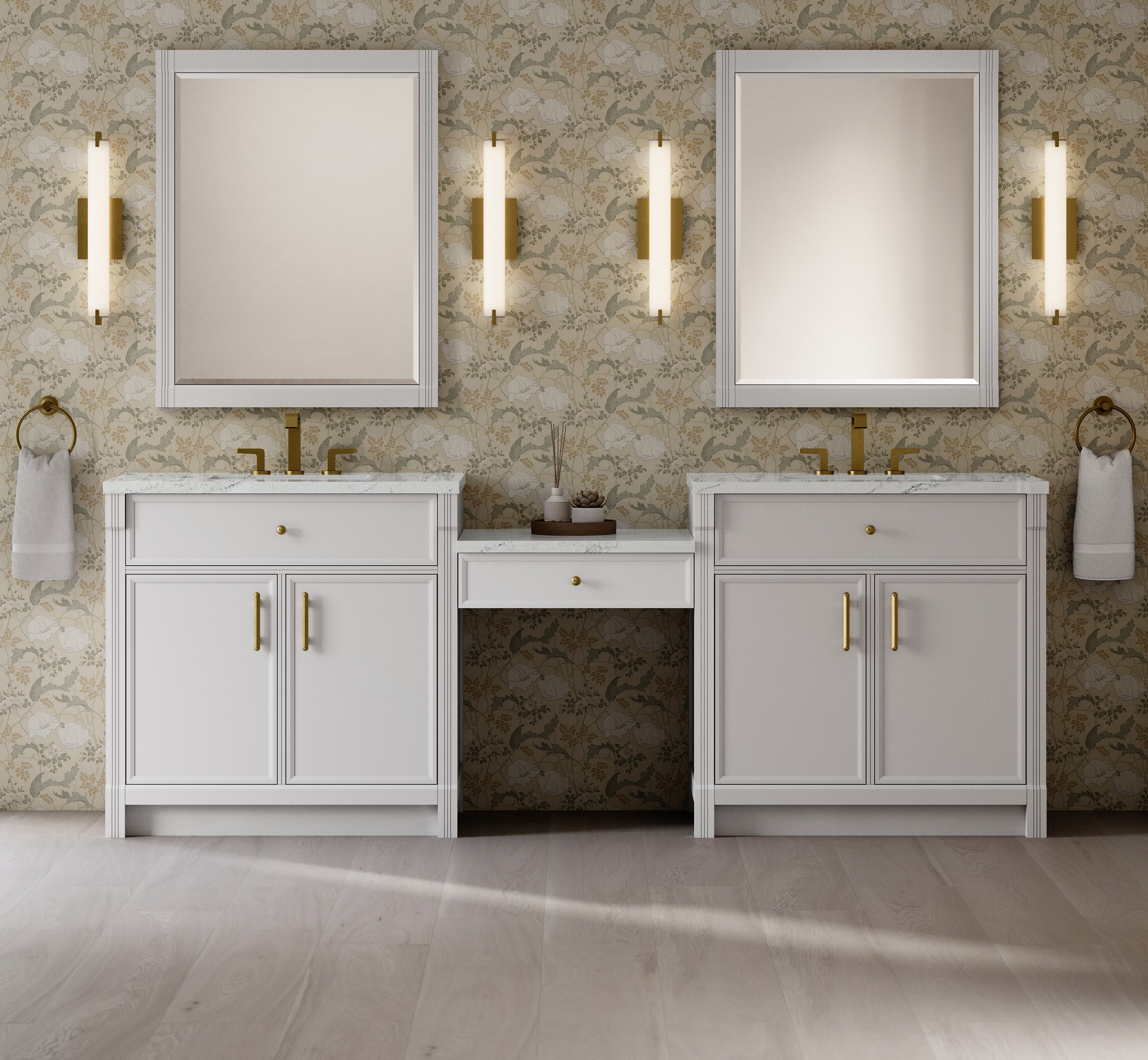 James Martin 96" Dual Vanity Set with 24" Make-Up Counter, Bright White with Countertop Options