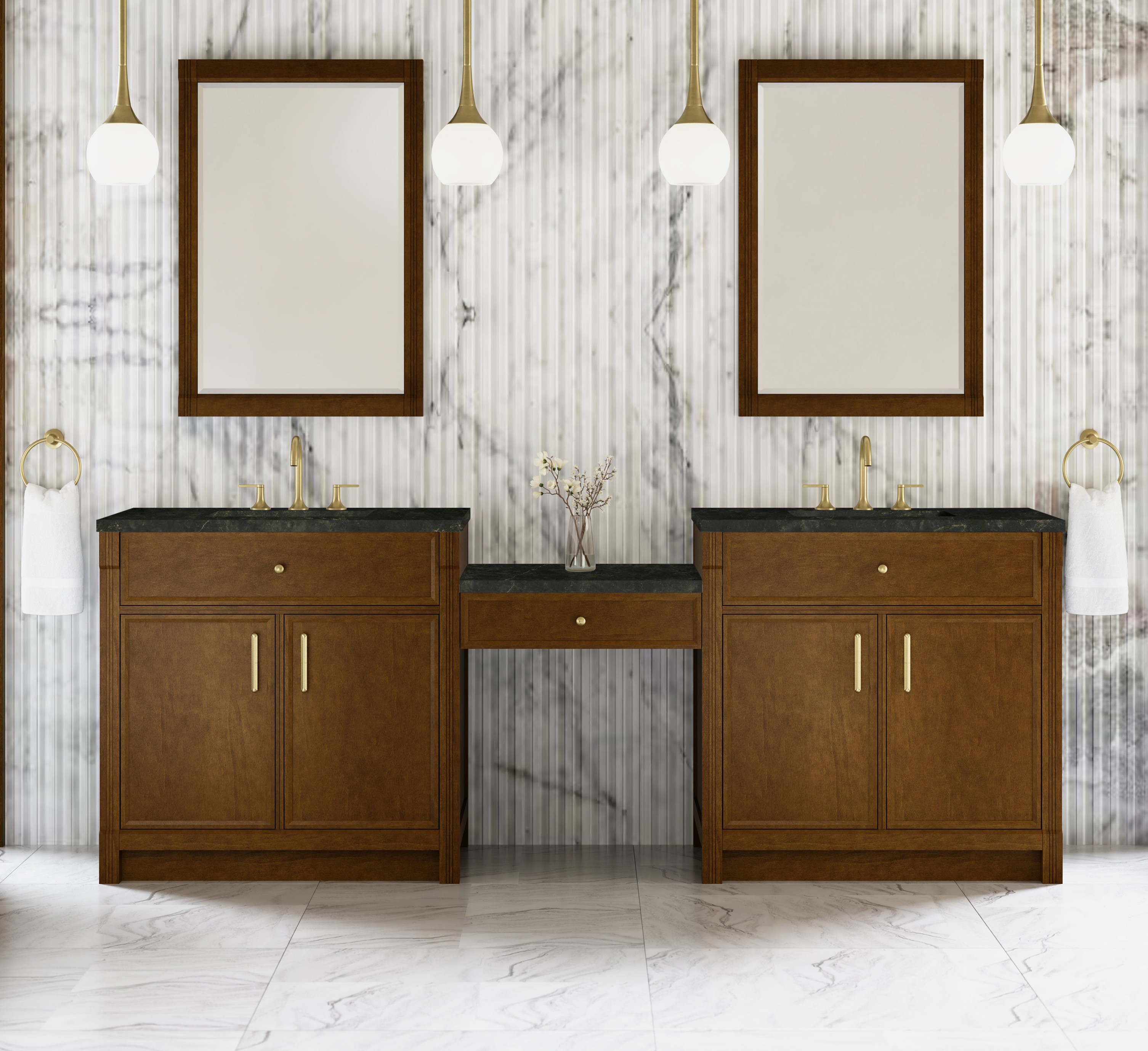 James Martin 96" Dual Vanity Set with 24" Make-Up Counter, Honey Oak with Countertop Options
