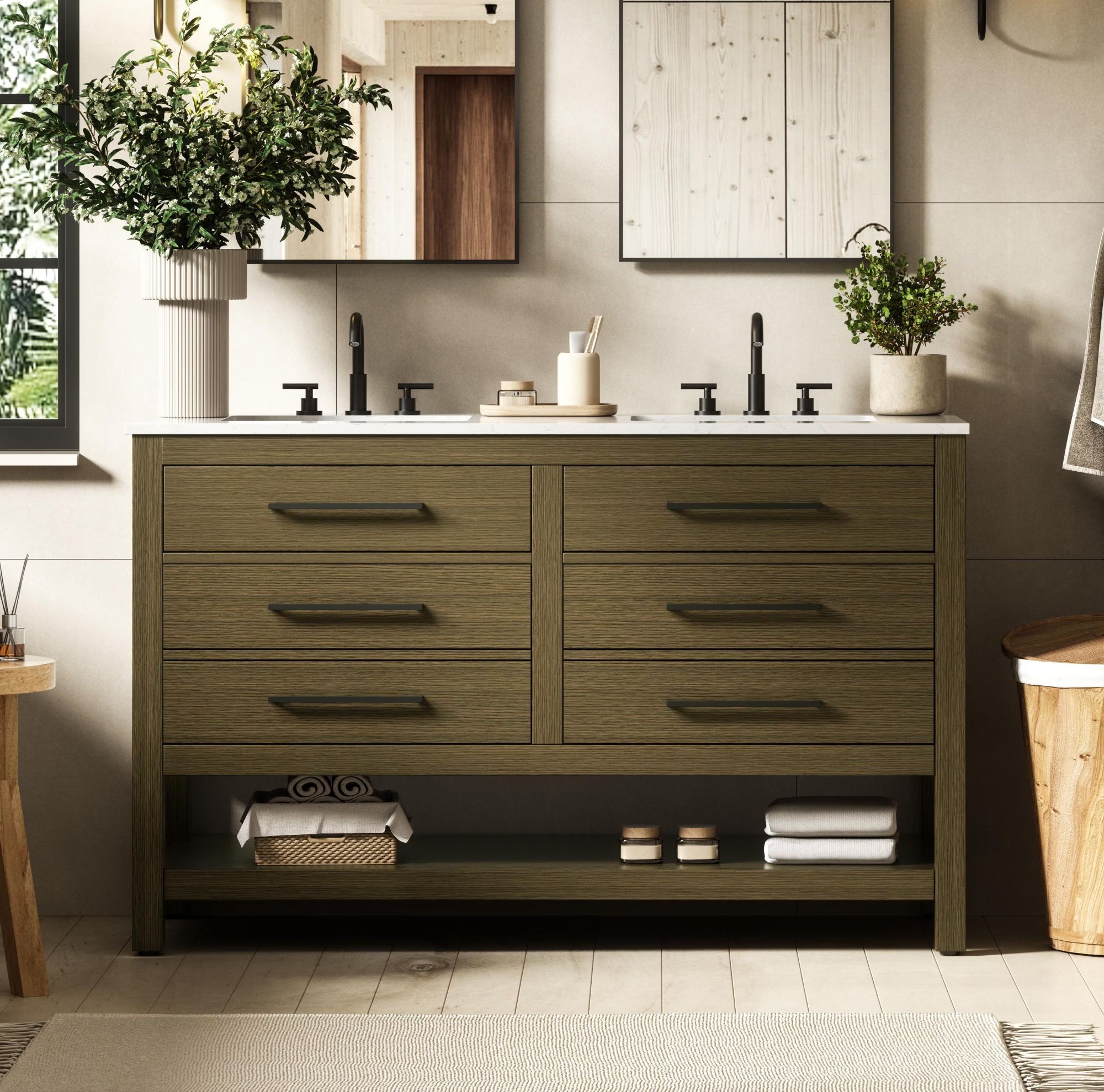 Modern Fitting 54" Double Bathroom Vanity in Chestnut Brown with 4 Color Options