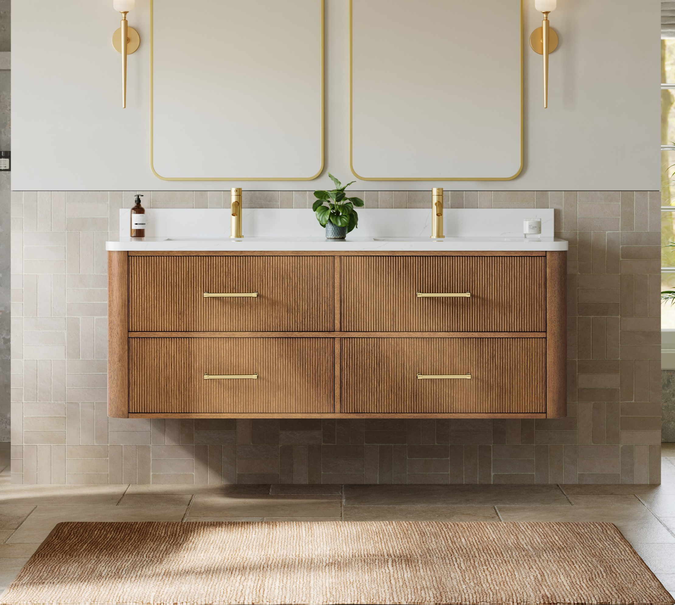 60" Double Wall Mounted Bathroom Vanity in Toasted Walnut, with Countertop Options, and Hardware Option