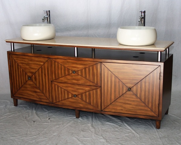72" Adelina Contemporary Style Double Sink Bathroom Vanity in Chestnut Wooden Cabinet Finish with Beige Stone Countertop