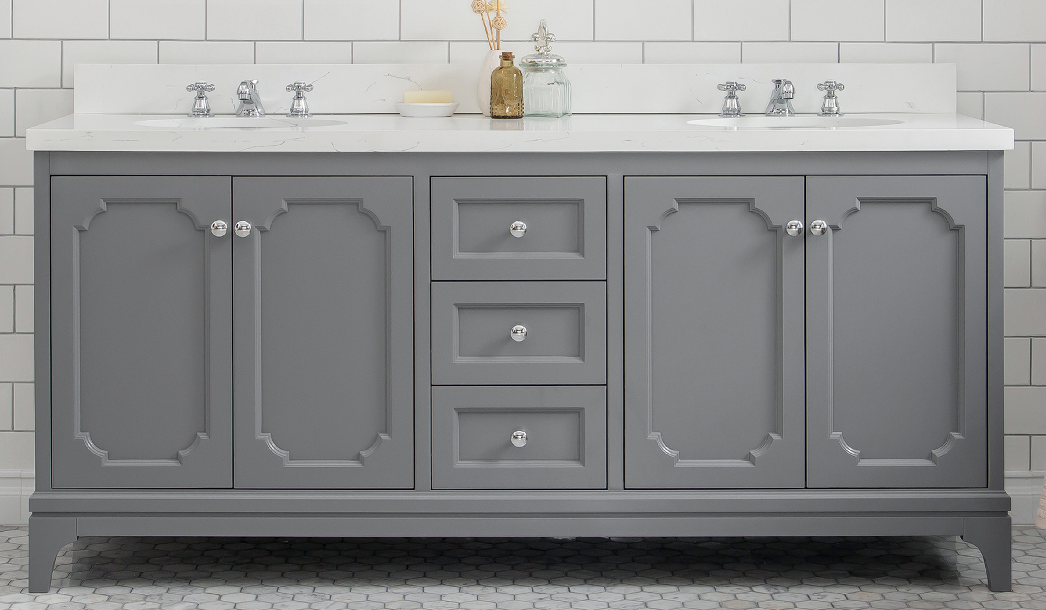 72" Double Sink Quartz Carrara Vanity In Cashmere Grey