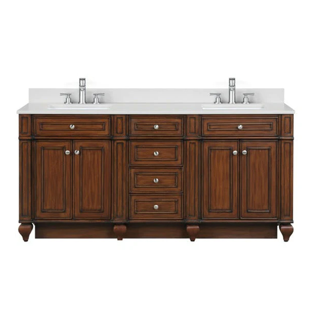 Traditional 72" Double Sink Vanity with 0.75" Thick White Quartz Countertop in Walnut Finish