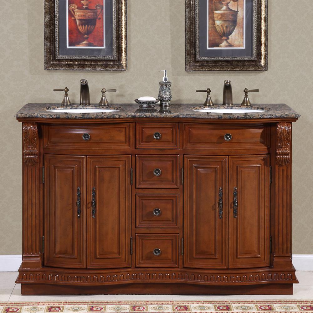55" Double Sink Vanity in Cherry with Granite Vanity Top in Baltic Brown with White Basin