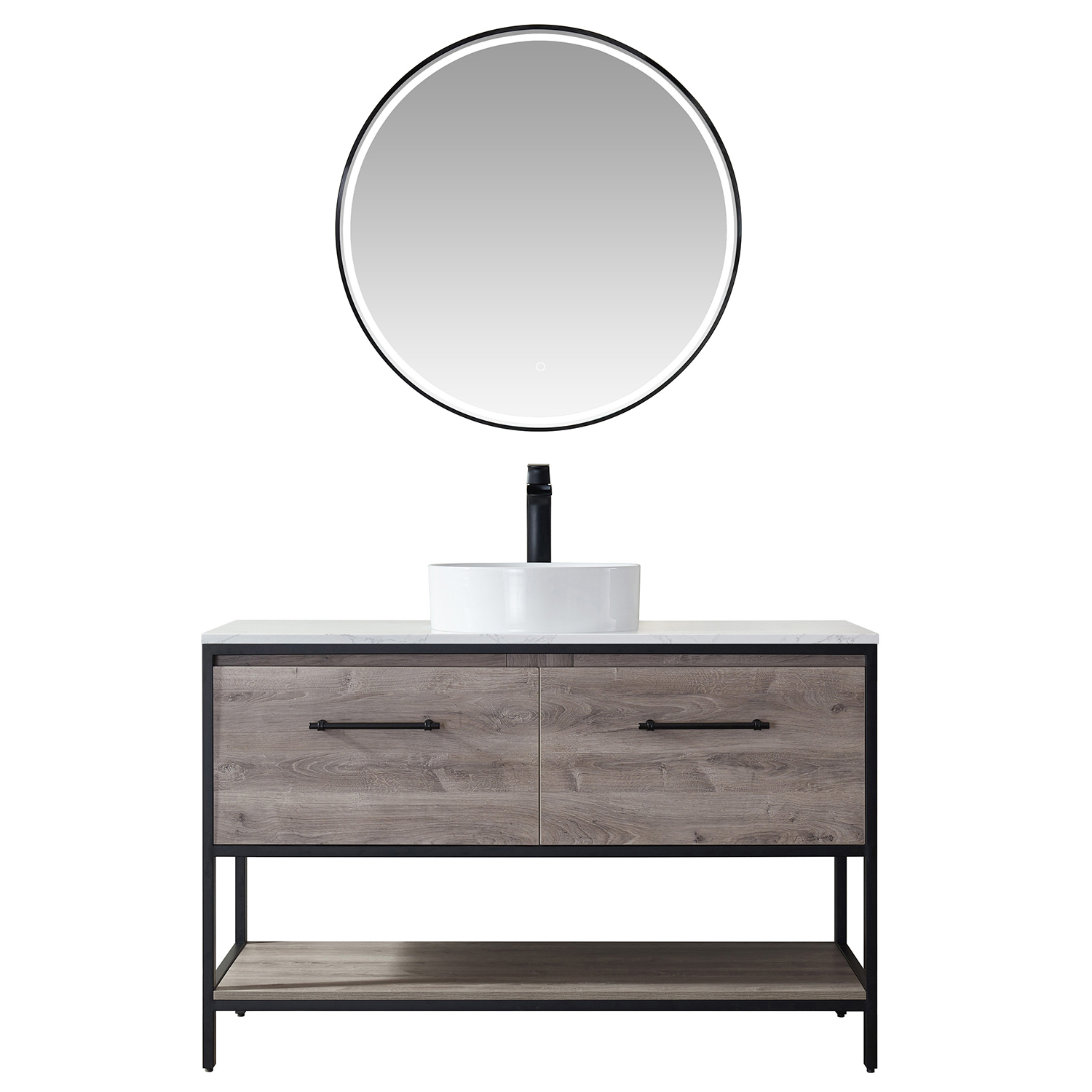 48" Single Sink Bath Vanity in Mexican Oak with White Composite Grain Stone Countertop and vessel sink Without Mirror
