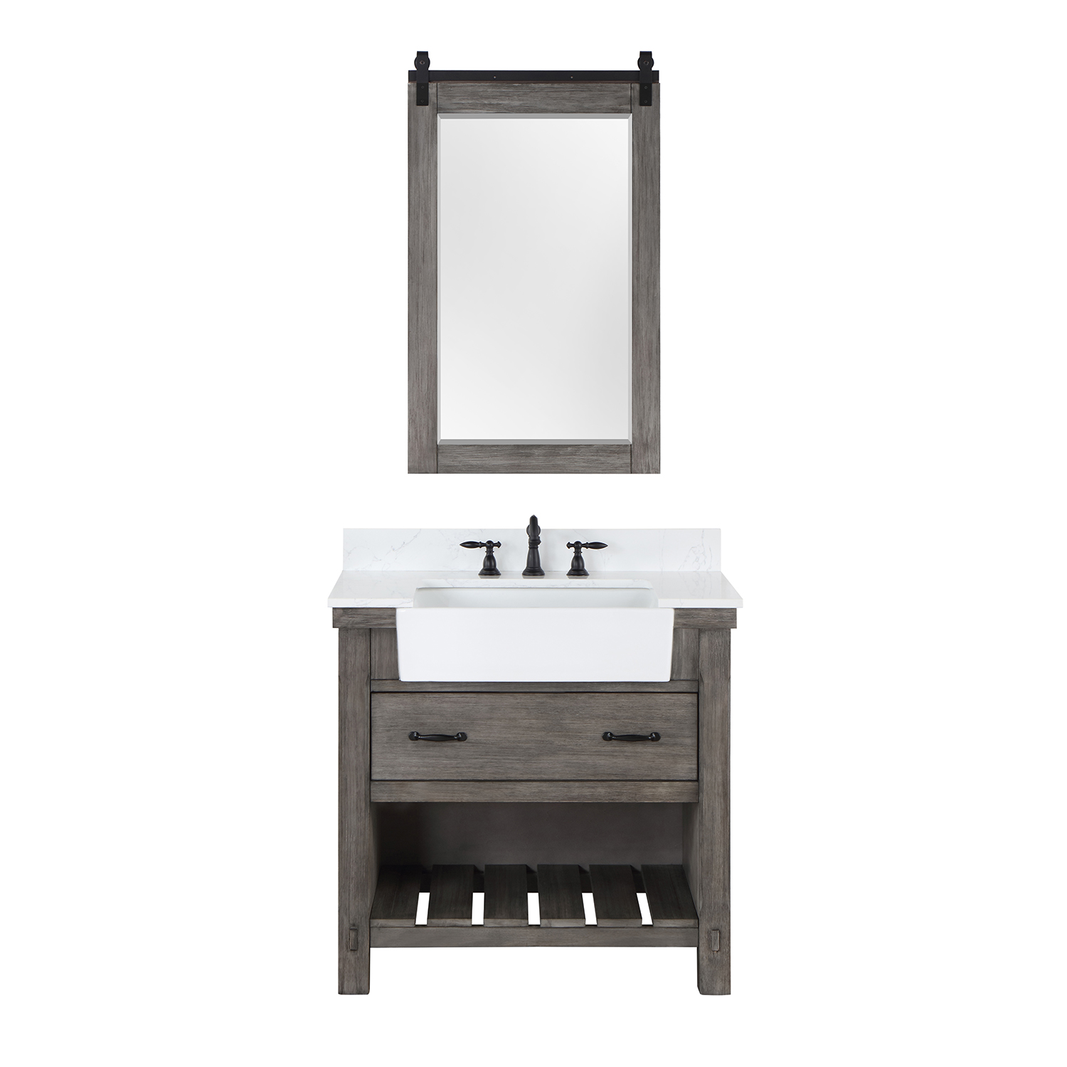 36" Single Bath Vanity in Classical Grey with Composite Stone Top in White, White Farmhouse Basin