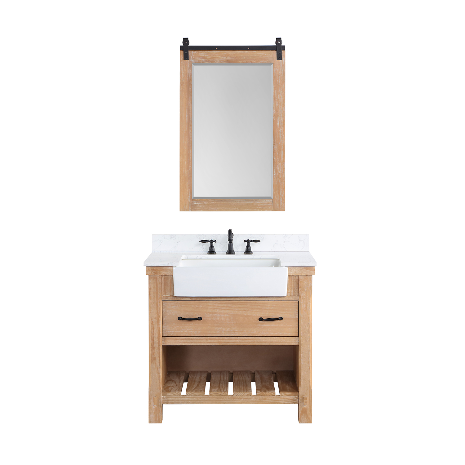 36" Single Bath Vanity in Weathered Pine with Composite Stone Top in White, White Farmhouse Basin