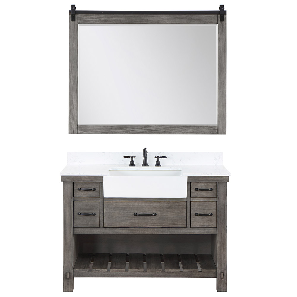 48" Single Bath Vanity in Classical Grey with Composite Stone Top in White, White Farmhouse Basin