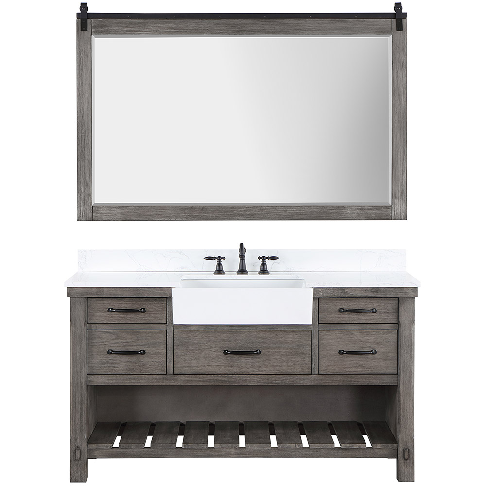 60" Single Bath Vanity in Classical Grey with Composite Stone Top in White, White Farmhouse Basin