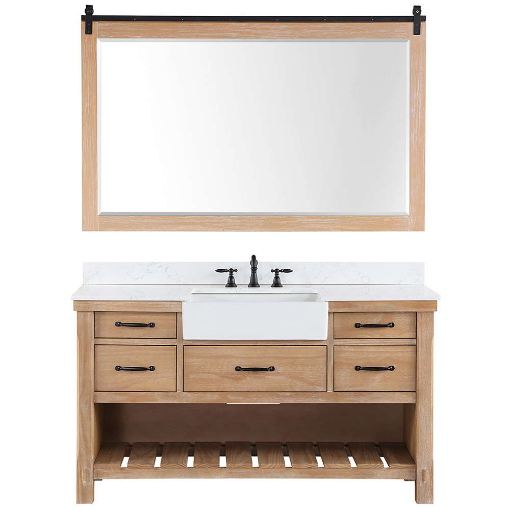 60" Single Bath Vanity in Weathered Pine with Composite Stone Top in White, White Farmhouse Basin