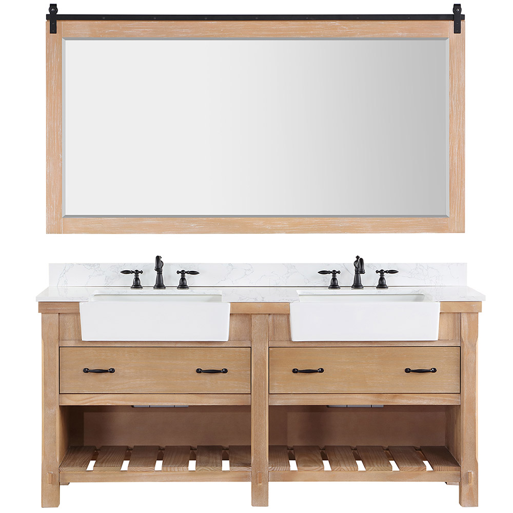 72" Double Bath Vanity in Weathered Pine with Composite Stone Top in White, White Farmhouse Basin