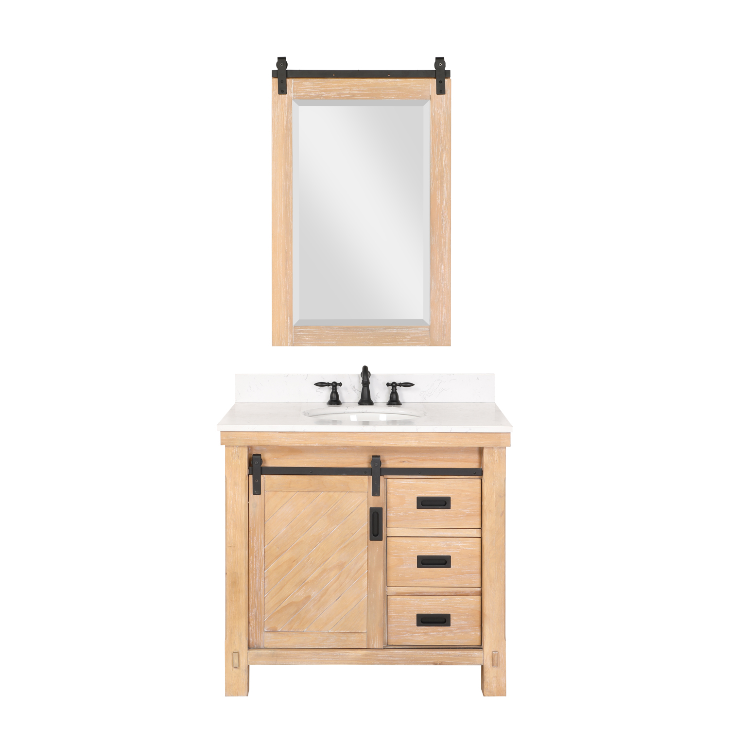 36" Single Sink Bath Vanity in Weathered Pine with White Composite Countertop