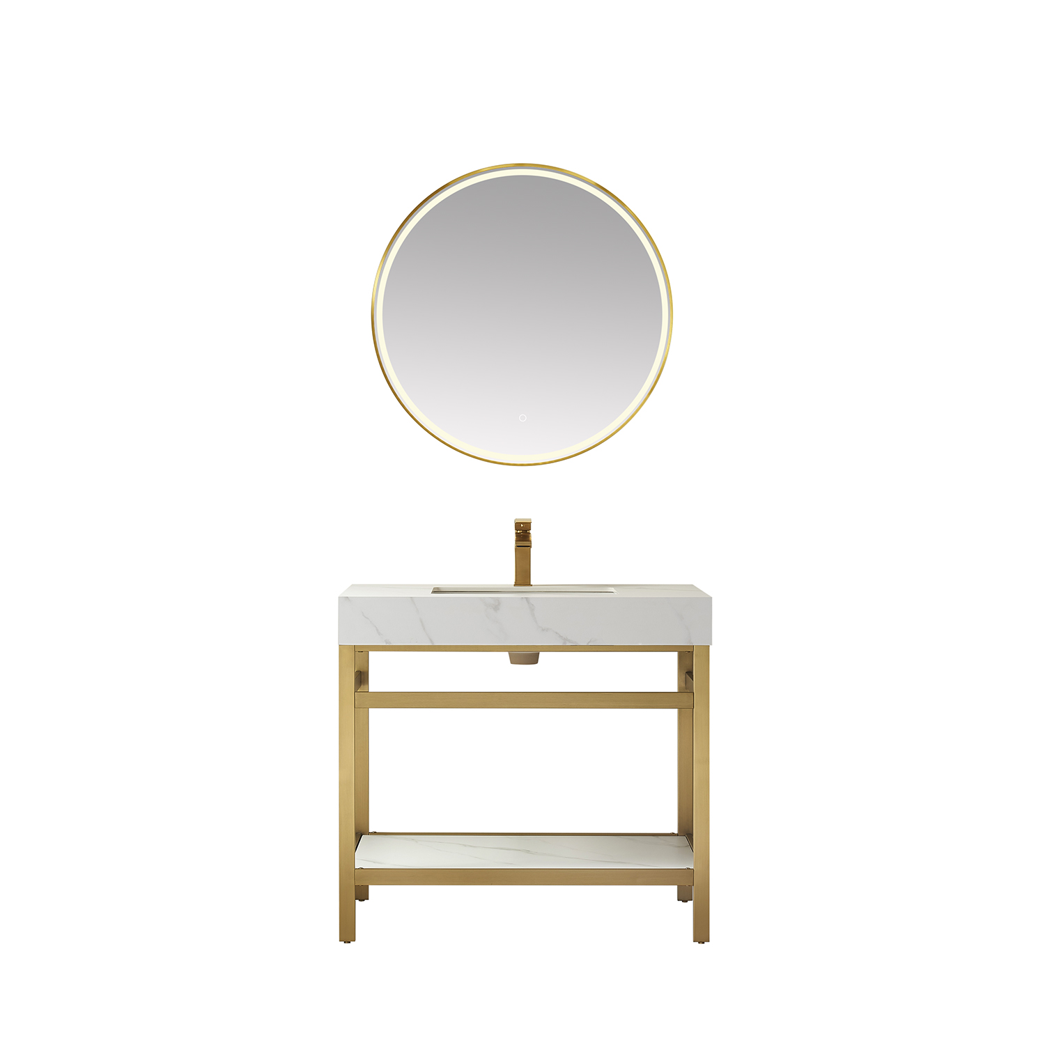 36" Single Sink Bath Vanity in Brushed Gold Metal Support with White Sintered Stone Top