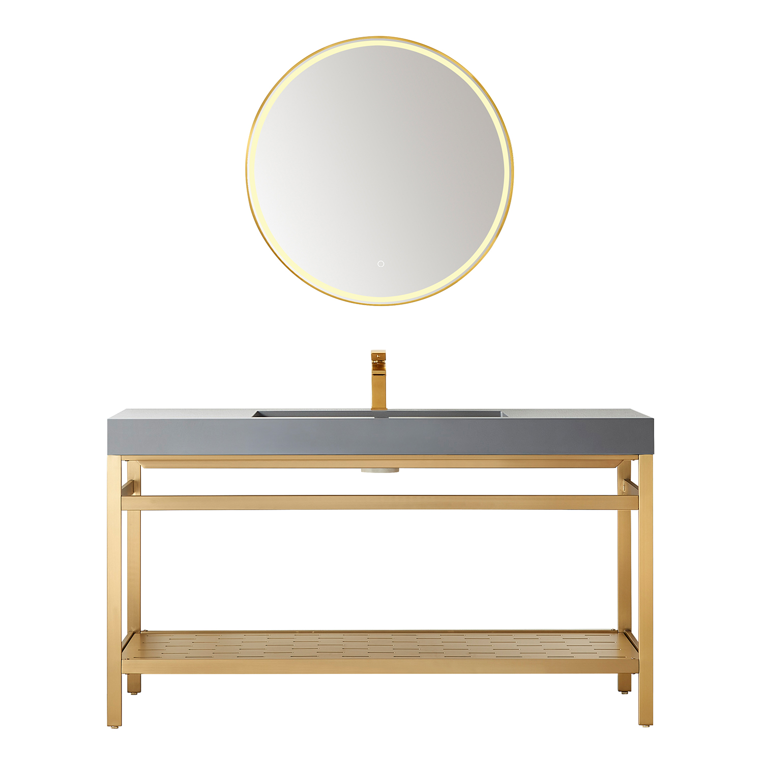 60" Single Sink Bath Vanity in Brushed Gold Metal Support with Grey One-Piece Composite Stone Sink Top