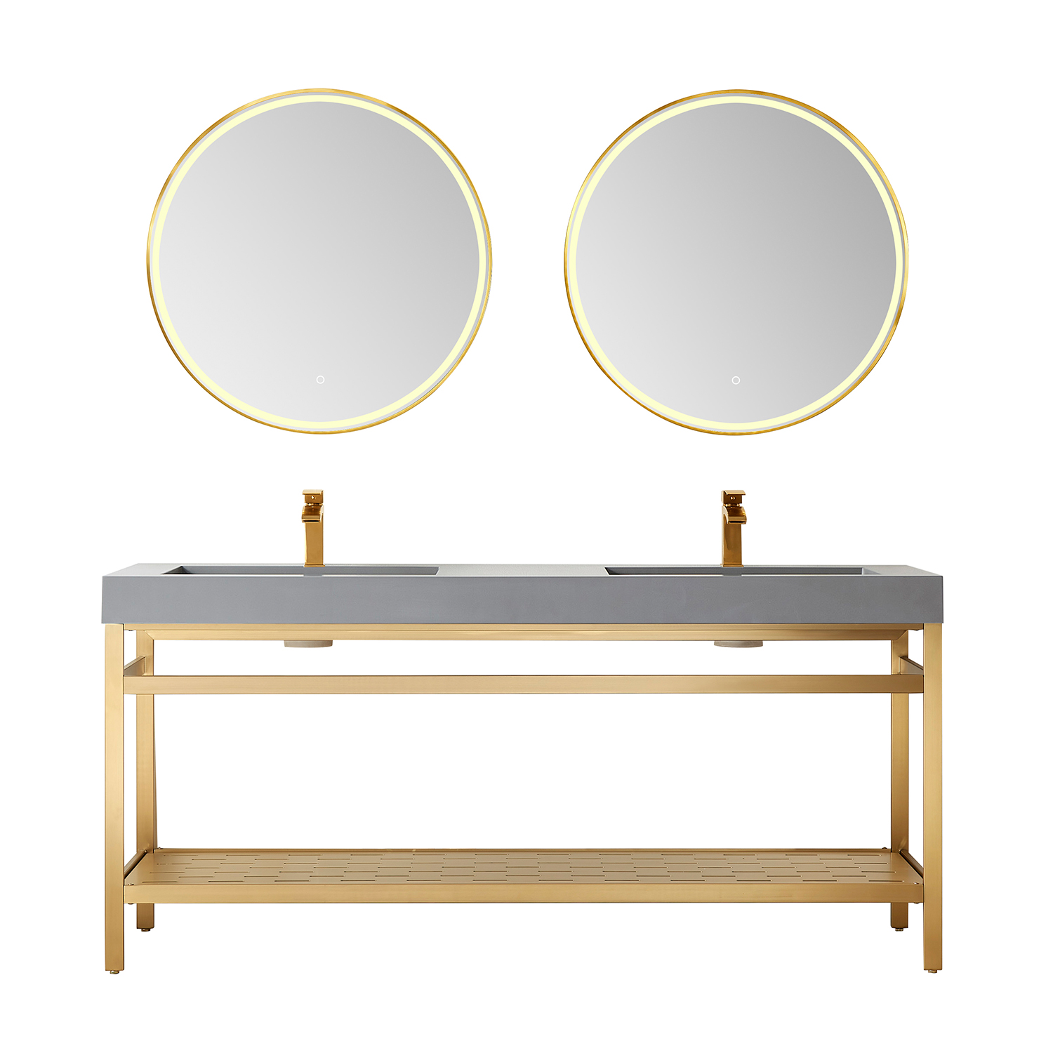72" Double Sink Bath Vanity in Brushed Gold Metal Support with Grey One-Piece Composite Stone Sink Top
