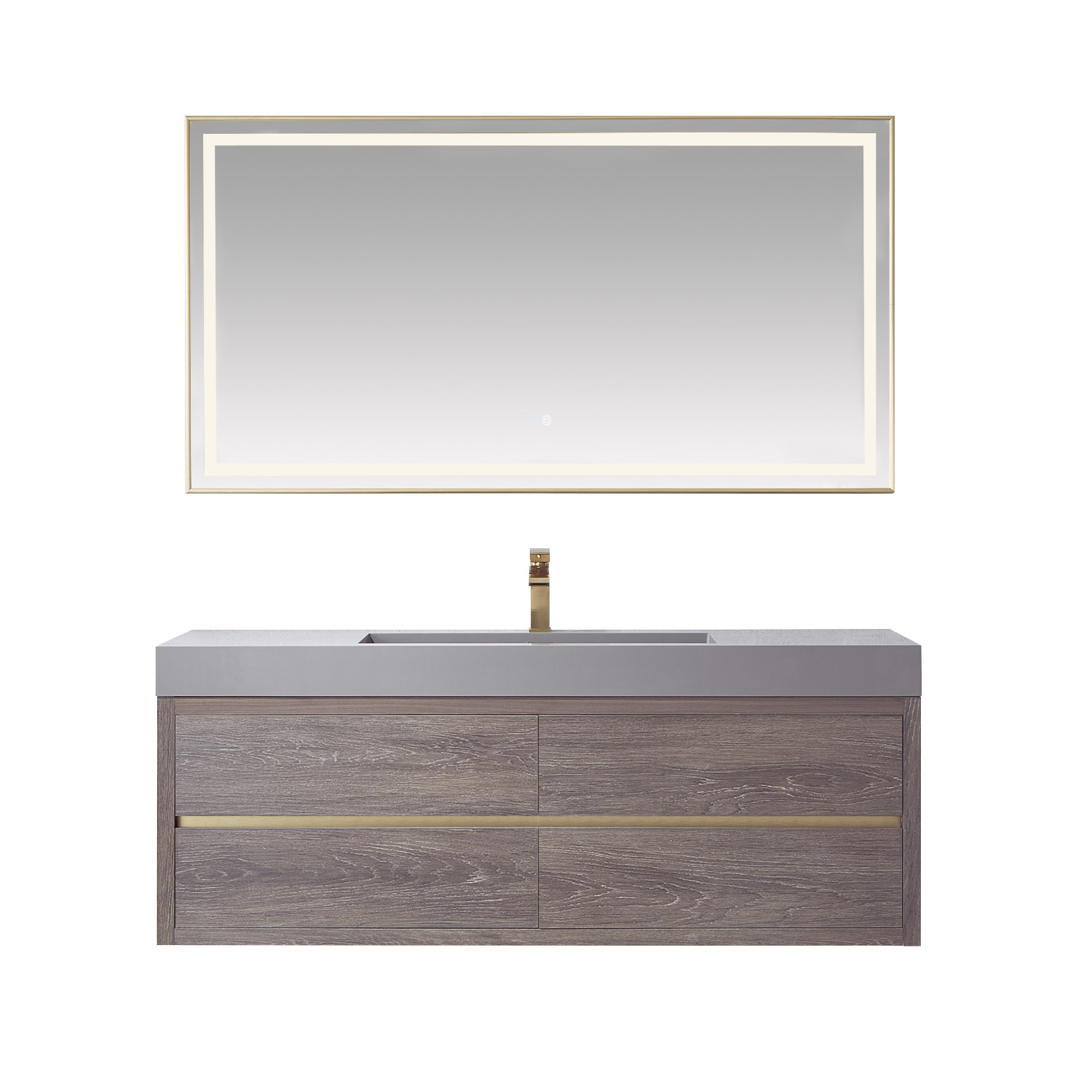 60" Single Sink Wall-Mount Bath Vanity in North Carolina Oak with Grey Composite Integral Square Sink Top 