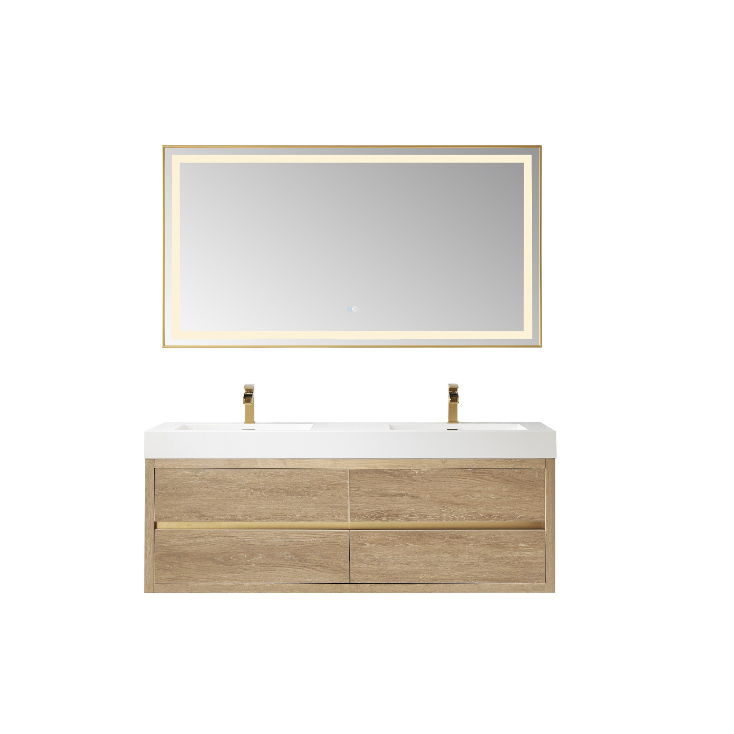 60M" Double Sink Wall-Mount Bath Vanity in North American Oak with White Composite Integral Square Sink Top 