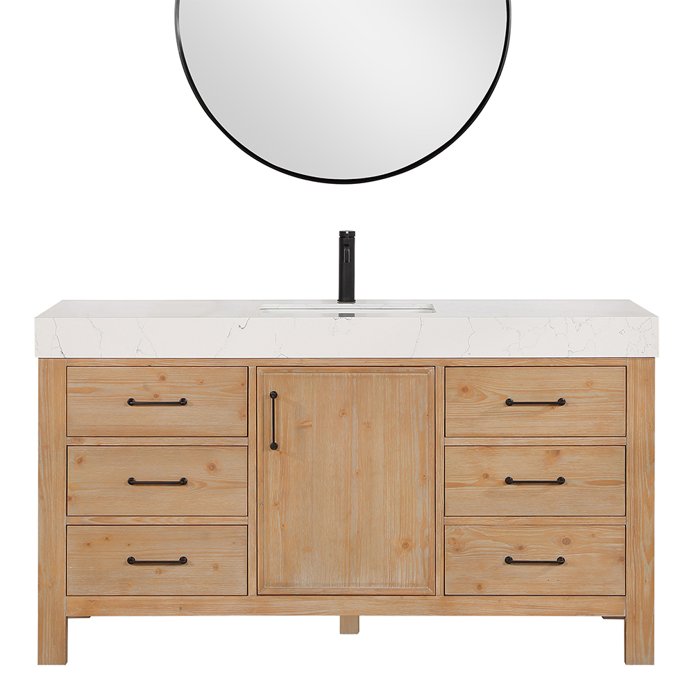 60in. Free-standing Single Bathroom Vanity in Fir Wood Brown with Composite top in Lightning White