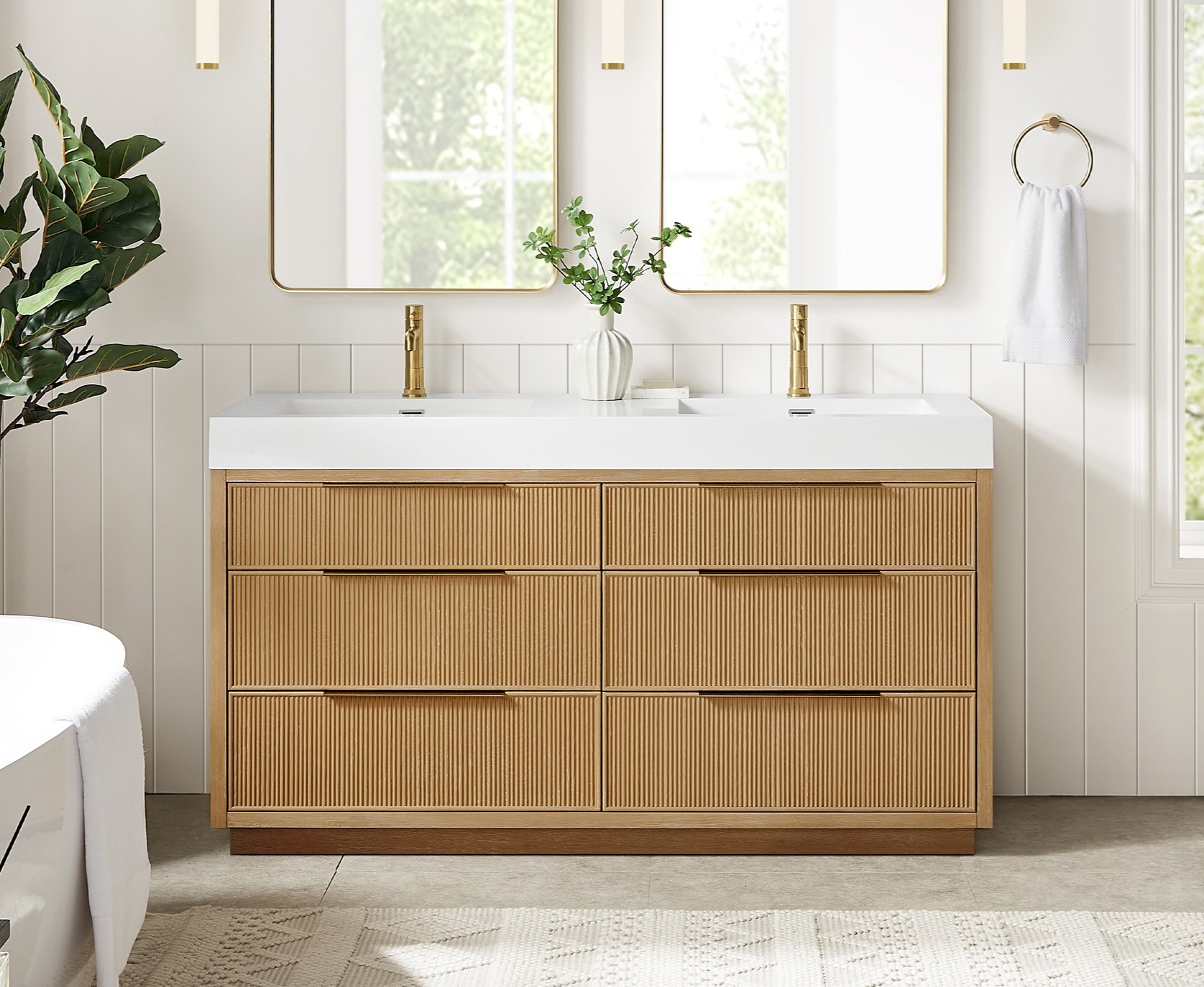 60M" Free-standing Double Bath Vanity in Washed Ash Grey with White Integrated Stone Sink Top 60M" Free-standing Double Bath Vanity in Washed Ash Grey with White Integrated Stone Sink Top