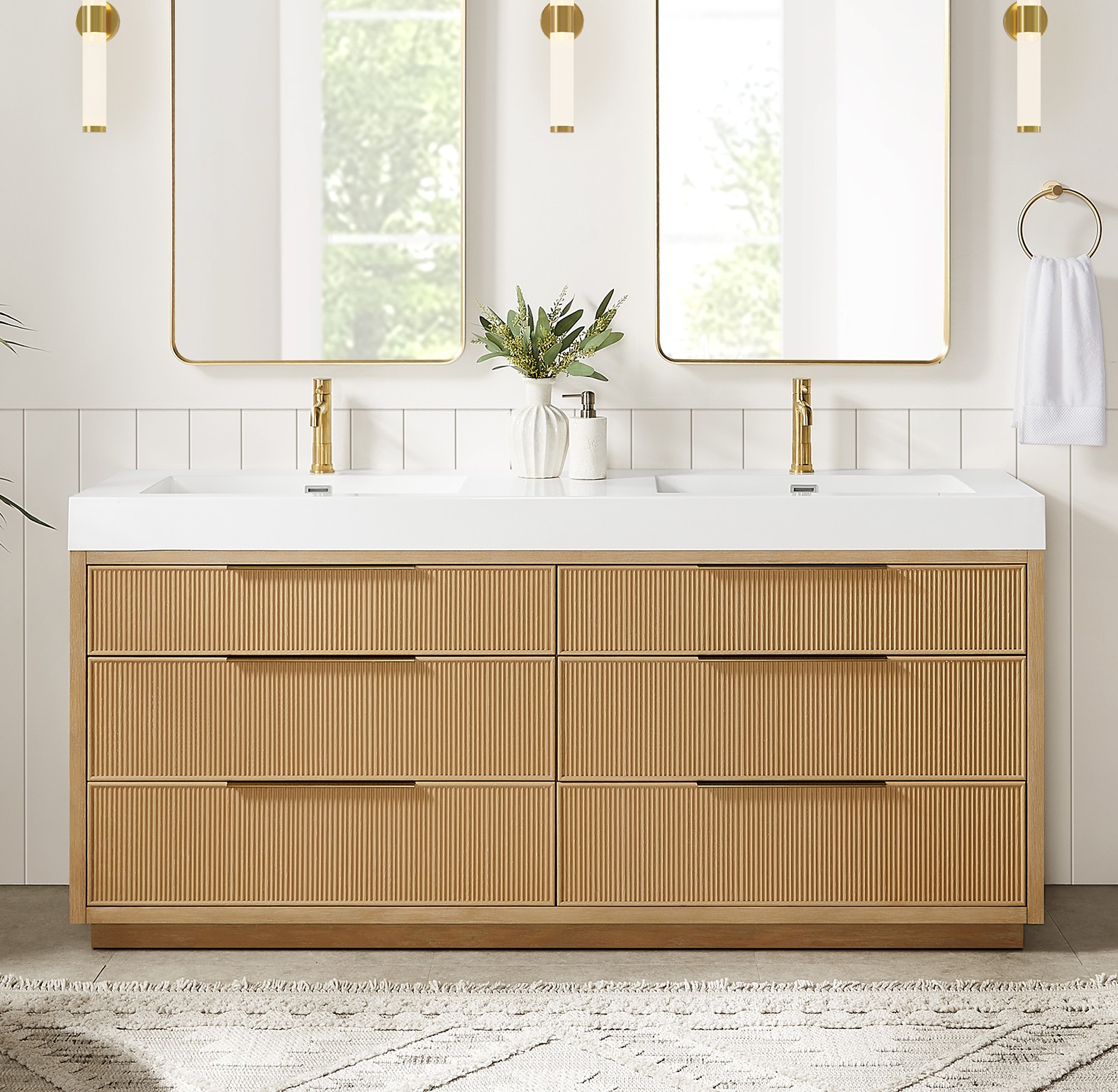 72" Free-standing Double Bath Vanity in Washed Ash Grey with White Integrated Stone Sink Top