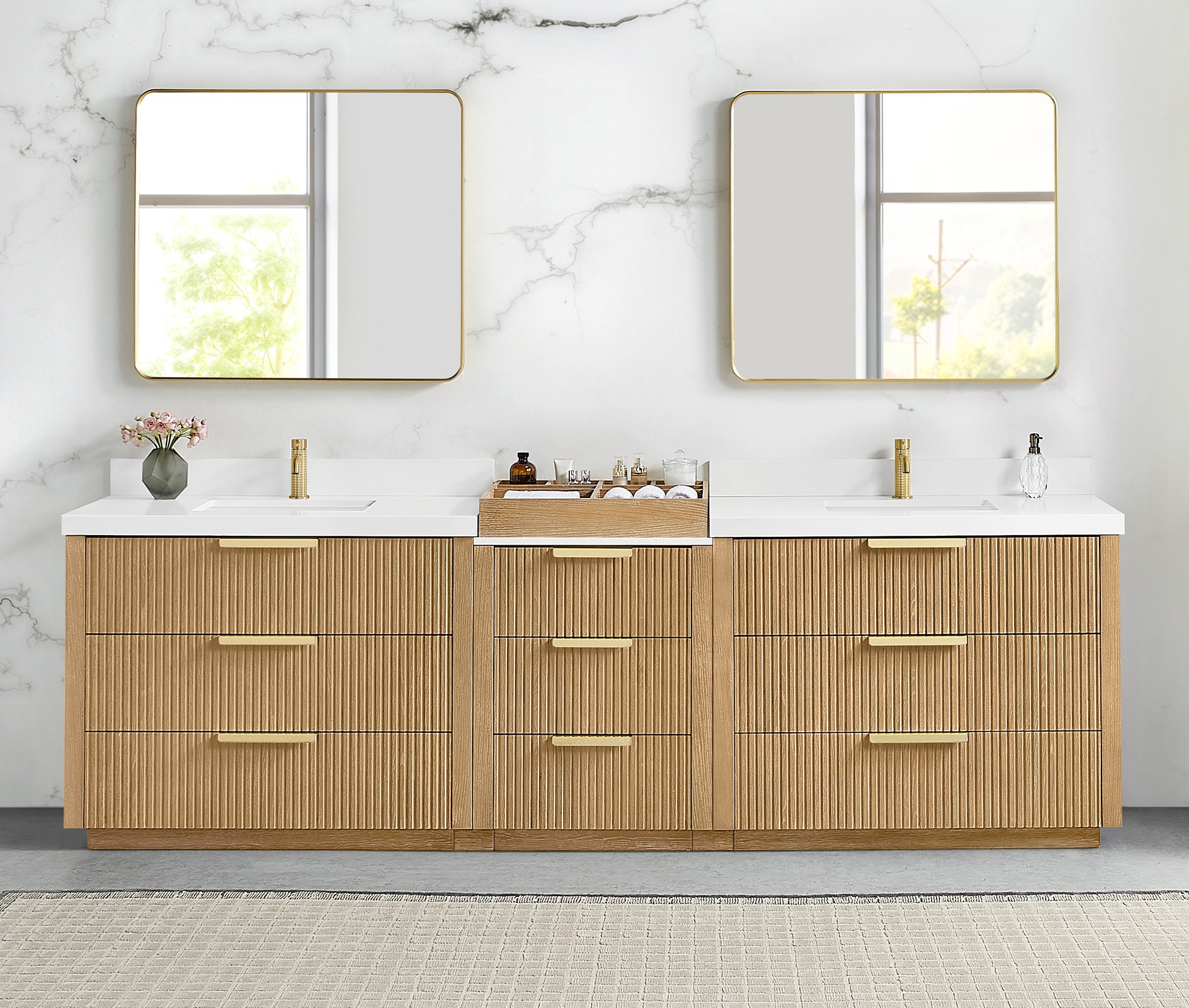 108" Combine Free-standing Double Bath Vanity in Washed Ash Grey with Pure White Quartz Stone Top