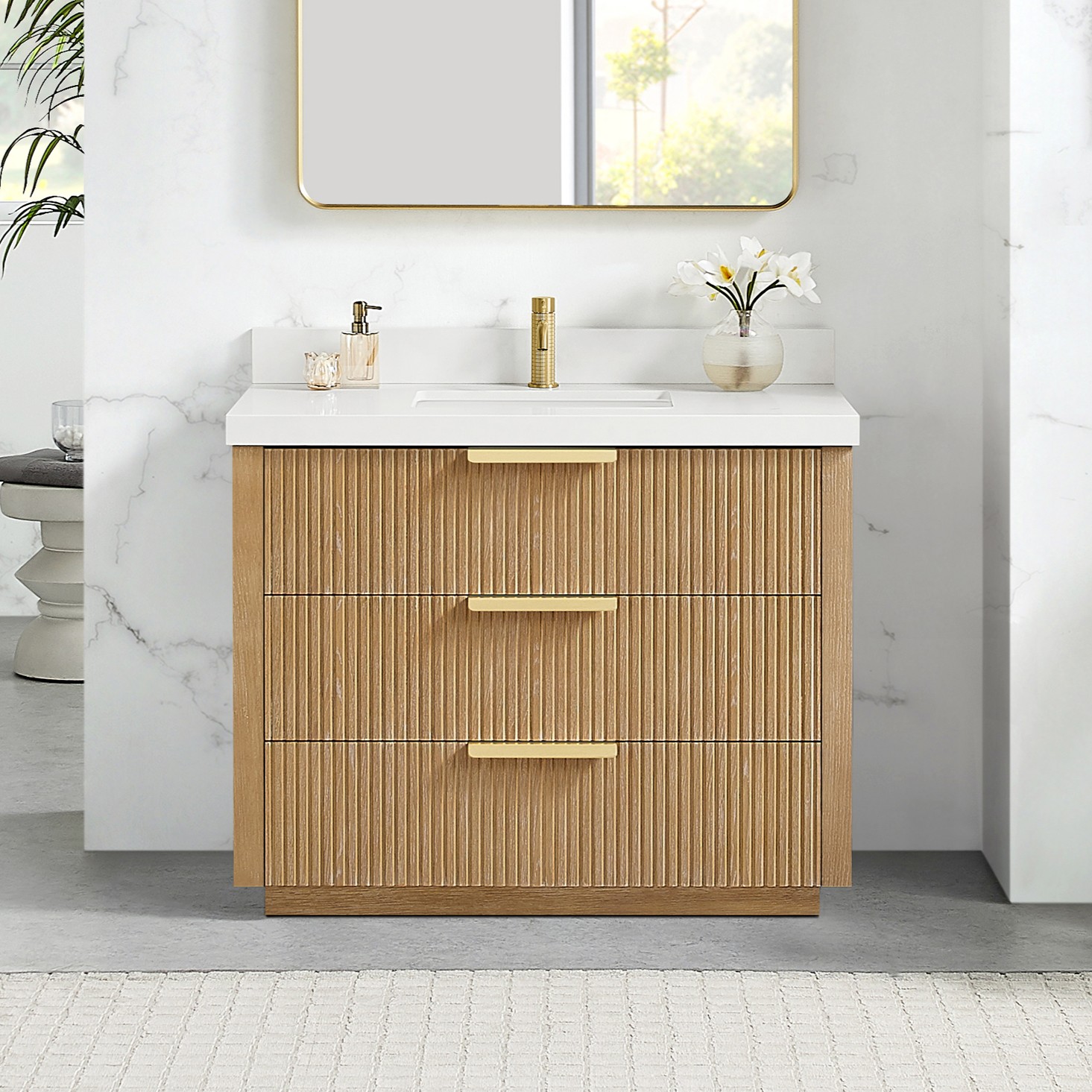 42" Free-standing Single Bath Vanity in Washed Ash Grey with Pure White Quartz Stone Top
